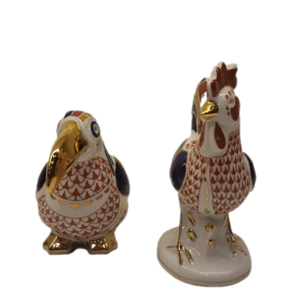 Vintage Set of 2 Unbranded Rooster and Parrot Ceramic Multi Color Gold